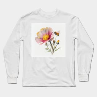 Watercolor of pink wildflower and single bumble bee Long Sleeve T-Shirt